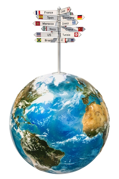 Signpost with names of countries with Earth Globe 3D rendering