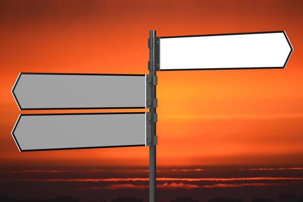 Signpost with white arrows sunset sky in background 3D illustration