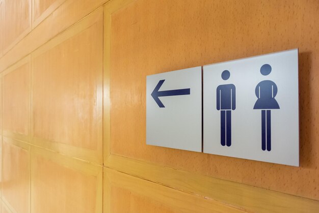 Signs for the toilet on the wooden wall