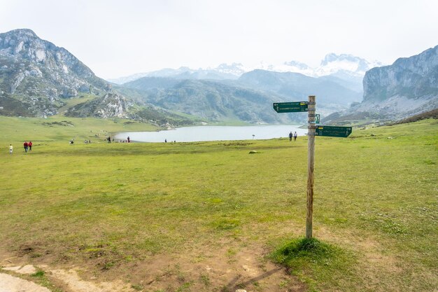 Signs on the trail at Lake Ercina in the Lakes of Covadonga Asturias Spain