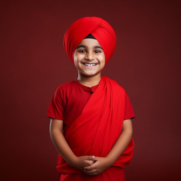 A sikh boy proudly wearing a red patka