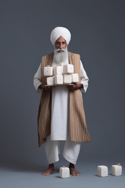 Foto uomo sikh che tiene un vassoio di oggetti bianchi