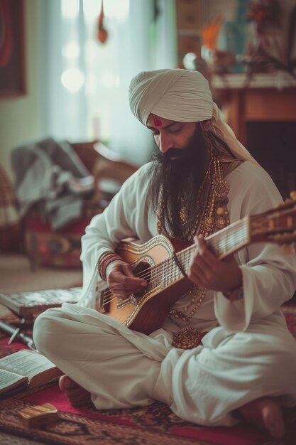 Foto uomo sikh che pratica il kirtan a casa usando risorse digitali per imparare e preservare la tradizione