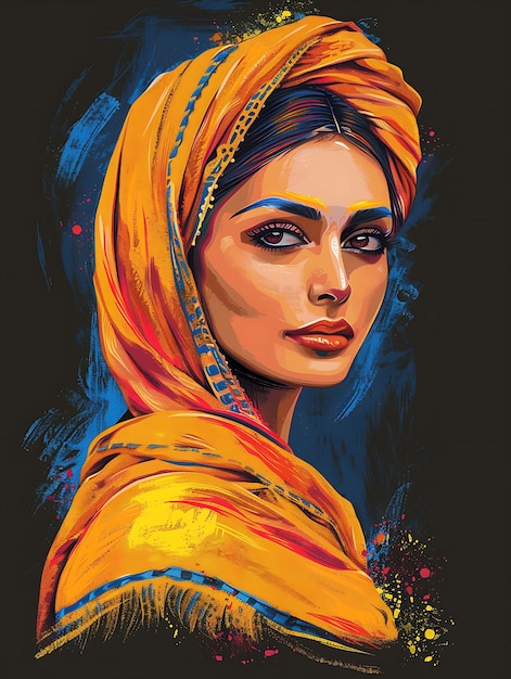 Sikh Woman Portrait Wearing a Traditional Salwar Kameez and Tshirt Design Art Tattoo Ink Frames