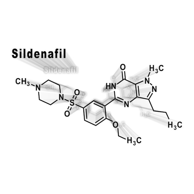 Фото Молекула препарата силденафила для лечения эректильной дисфункции структурная химическая формула на белом фоне