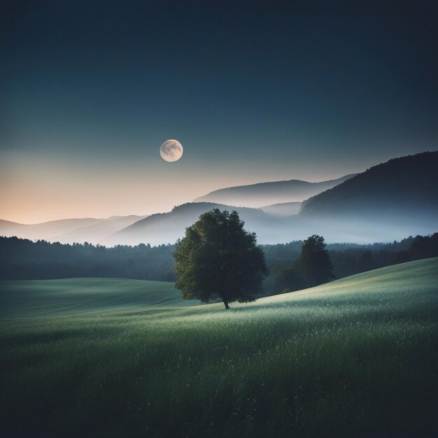 Foto bellezza silenziosa un albero sereno e solitario in piedi da solo nel maestoso campo notturno