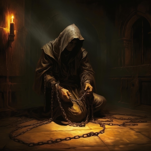 The Silent Captive A Hooded Monk Bound in Shadows