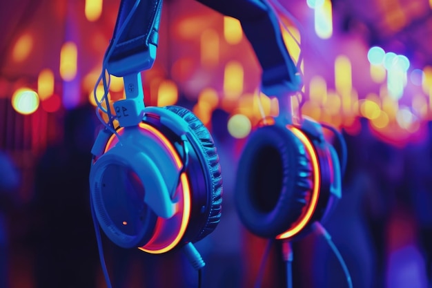 Photo silent disco colorful headphones at event