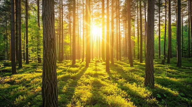 Silent Forest in spring with beautiful bright sun rays AI Generative