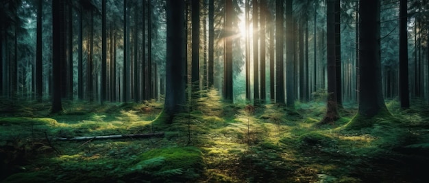 Silent Forest in spring with beautiful bright sun rays Generative AI