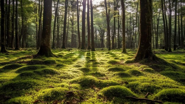 Silent forest in spring with beautiful bright sun rays generative ai