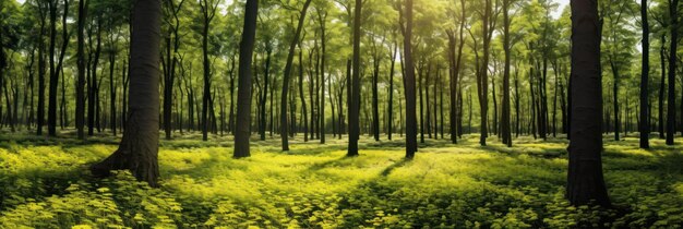 Silent Forest in spring with beautiful bright sun rays Generative AI