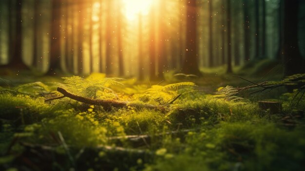 Silent Forest in spring with beautiful bright sun rays Generative AI