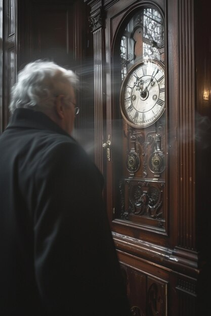 Photo silent grandfather clock ticking away in an empty hall the hands blur with time