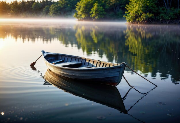 Silent mist veils glassy waters where a lone silver rowboat drifts in solitude