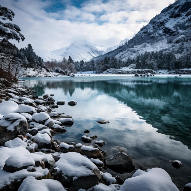 沈の静けさ 雪の湖の威厳