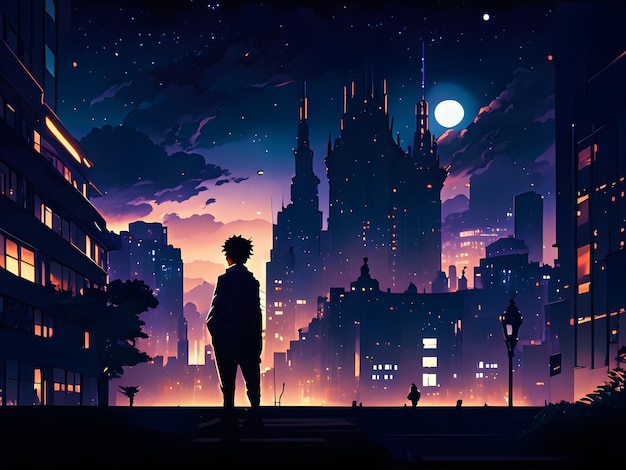 silhouet anime stadsgezicht landschap in de nacht