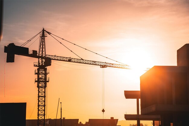 Silhouet Bouwkraan op de achtergrond van de luchtzonsondergang Bouwplaats Grote bouwplaats inclusief verschillende kranen die werken aan een gebouwencomplex met heldergele lucht en de zon