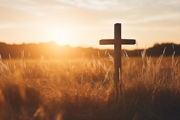 Silhouet christelijk kruis op gras in zonsopgang achtergrond Generatief Ai