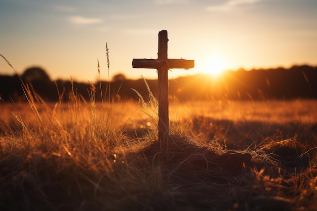 Silhouet christelijk kruis op gras in zonsopgang achtergrond Generatief Ai