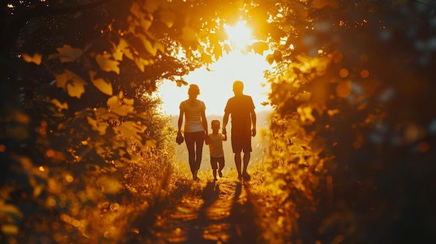 Silhouet familie moeder vader en jonge zoon hand in hand zwemmen in de zee voor het eerst de kinderen over vervaagde mooie