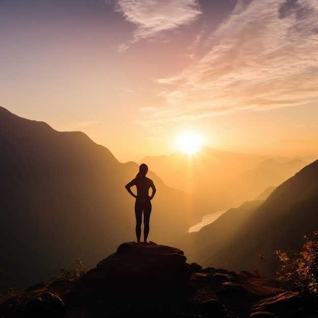 Silhouet fitness meisje dat yoga beoefent op de berg met