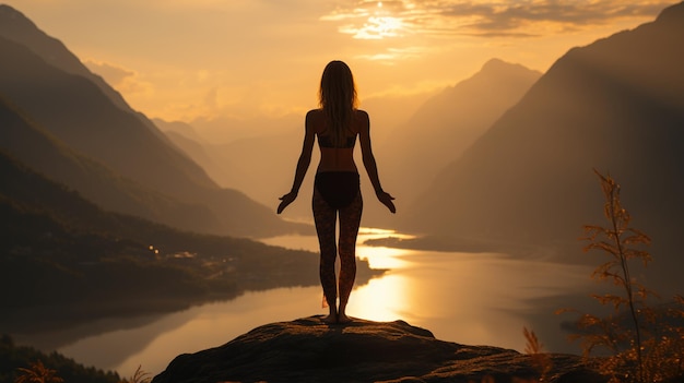 Silhouet fitness meisje dat yoga beoefent op de berg