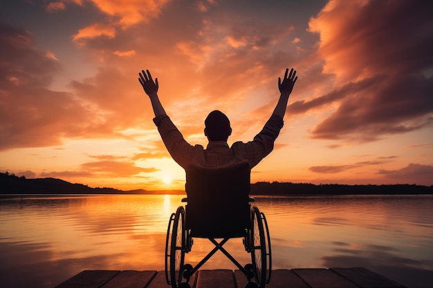 Foto silhouet gehandicapte man gehandicapte jonge man in rolstoel met opgeheven handen bij zonsondergang