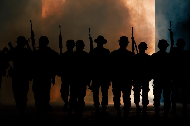 Silhouet groep Thaise soldaten speciale troepen volledig team in uniform wandelende actie