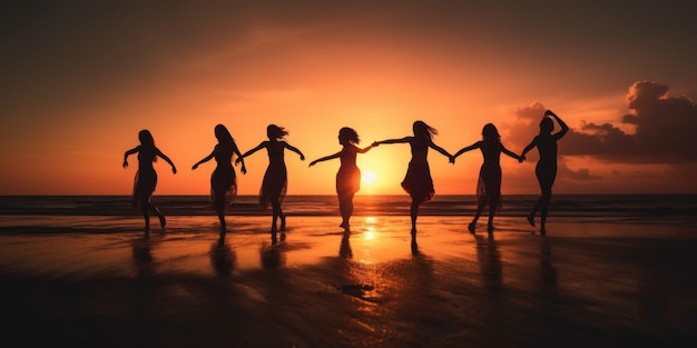 Silhouet groep vrienden dansen op het strand zomer zonsondergang achtergrond generatieve AI