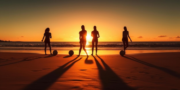 Silhouet groep vrienden voetballen op het strand zomer zonsondergang achtergrond generatieve AI