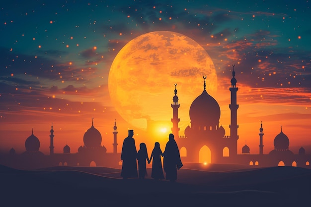 Silhouet islamitische mensen die bidden bij zonsondergang die geloof hebben in allah de god van de islam supremely