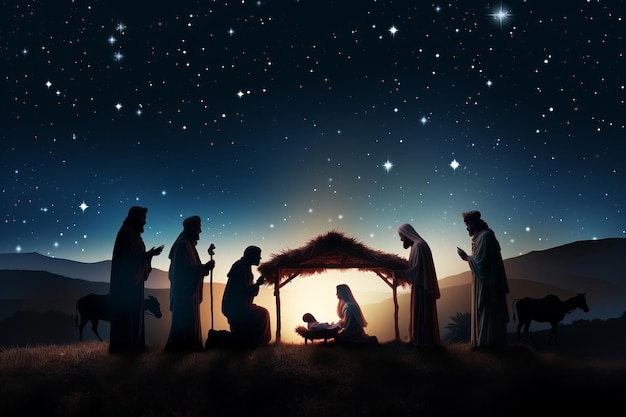 Foto silhouet kerststal met baby jezus, maria en jozef