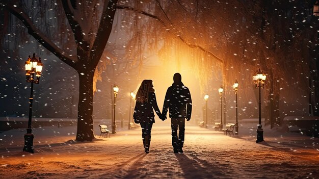 Silhouet koppels in een winterpark 's Avonds in het park sneeuwt het