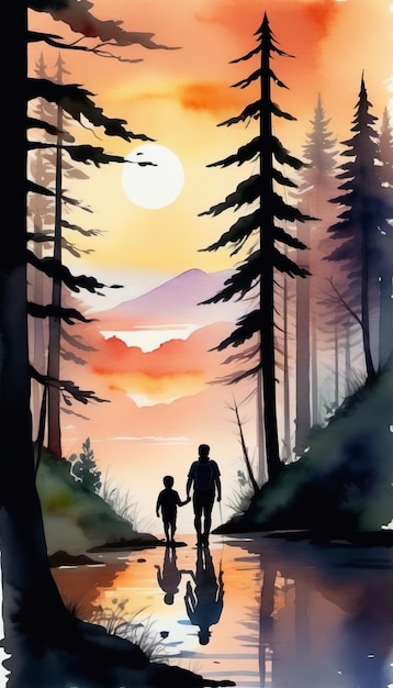 Silhouet man en een jongen vader en zoon gaan wandelen in het bos vadersdag concept banner poster