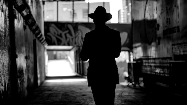 Silhouet man met hoed die in een verlaten gebouw staat