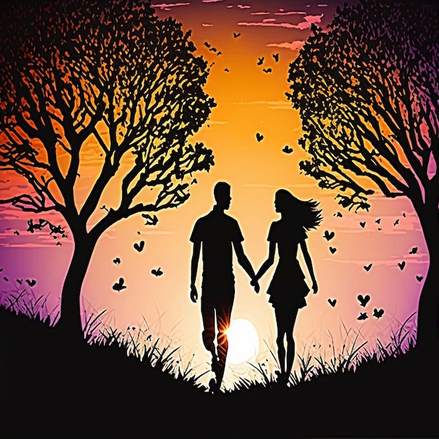 Silhouet paar man en vrouw hand vasthouden samen rennen onder bomen met avondrood achtergrond