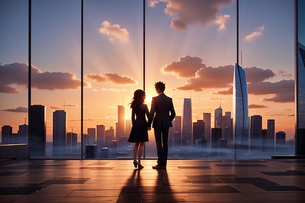 Silhouet paar staande stadsgezicht zonsondergang wolkenkrabber skyline