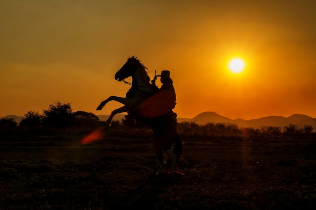 Silhouet persoon met pistool terwijl hij op paard rijdt op het land tegen de hemel tijdens zonsondergang