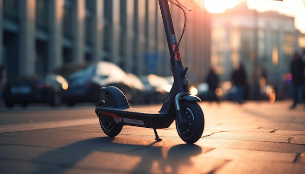 Silhouet rijdende motorscooter in tegenlicht stadsgezicht gegenereerd door AI