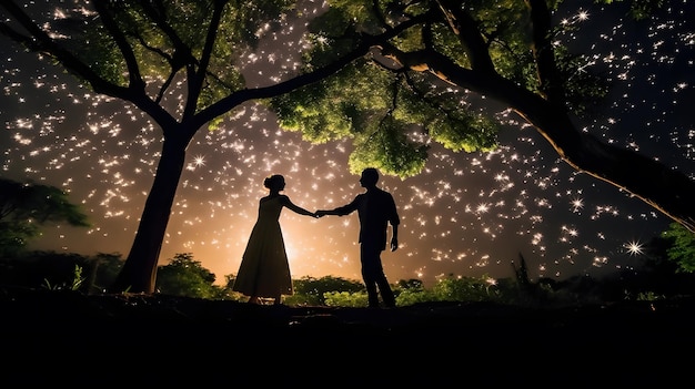 silhouet romantisch paar hand in hand op gras heuvel in de Melkweg met sterren veld