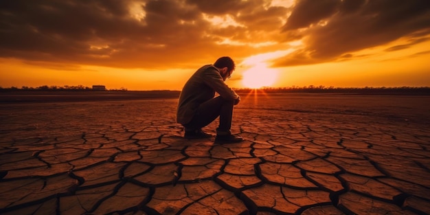 Silhouet Sad Man op Crackle Earth Klimaatverandering en Global Warming Concept Generative Ai