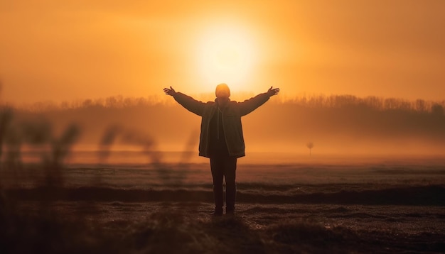 Silhouet staande armen omhoog genietend van een zorgeloze zonsondergang gegenereerd door AI