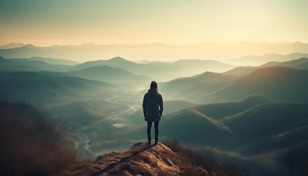 Silhouet staande op de bergtop bij zonsopgang gegenereerd door AI