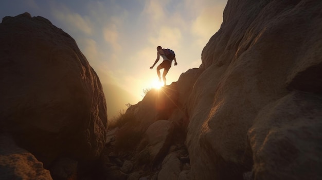 Silhouet trail runner man klauteren in de rotsen bij zonsopgang Illustratie AI GenerativexA