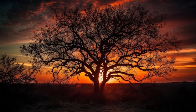 Silhouet van acacia boom achterin verlicht door zonsopgang gegenereerd door AI