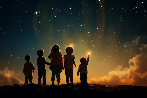 silhouet van achteraanzichtkinderen die naar de prachtige nachtelijke hemel vol sterren kijken