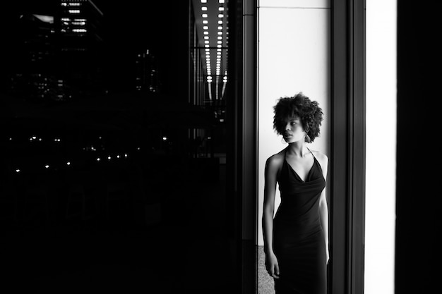Silhouet van African American vrouw in een jurk op een muur verlicht door een raam. Stijlvol zwart-wit portret