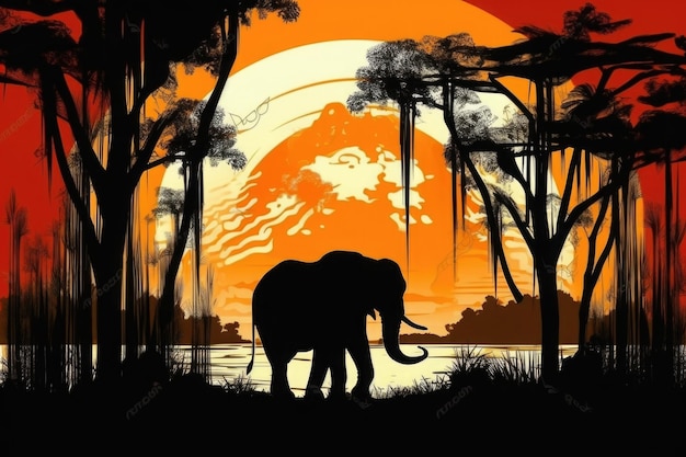 Foto silhouet van afrikaanse dieren olifant bij zonsondergang bij bomen generatieve ai