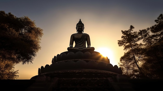 Foto silhouet van boeddha standbeeld in tempel met zonsondergang achtergrond